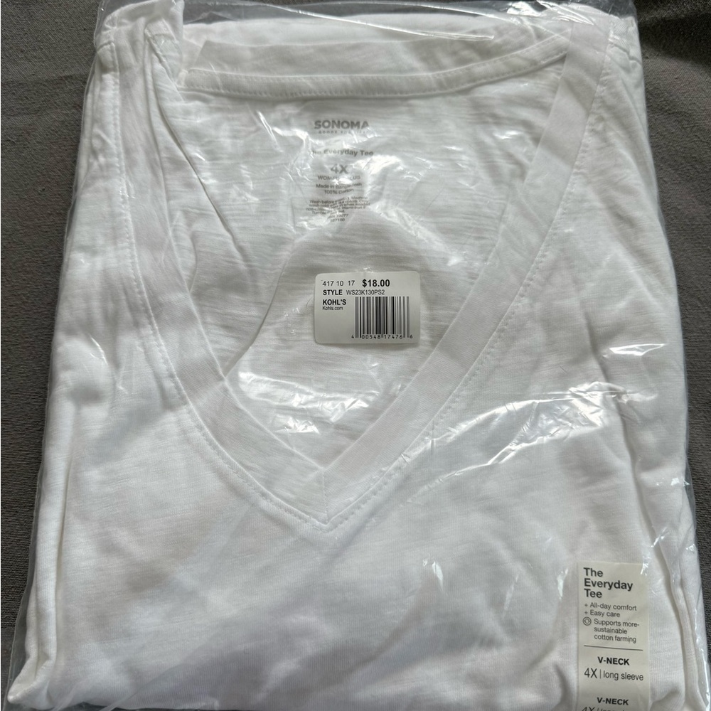 Sonoma Classic White V-Neck Long Sleeve Tee
